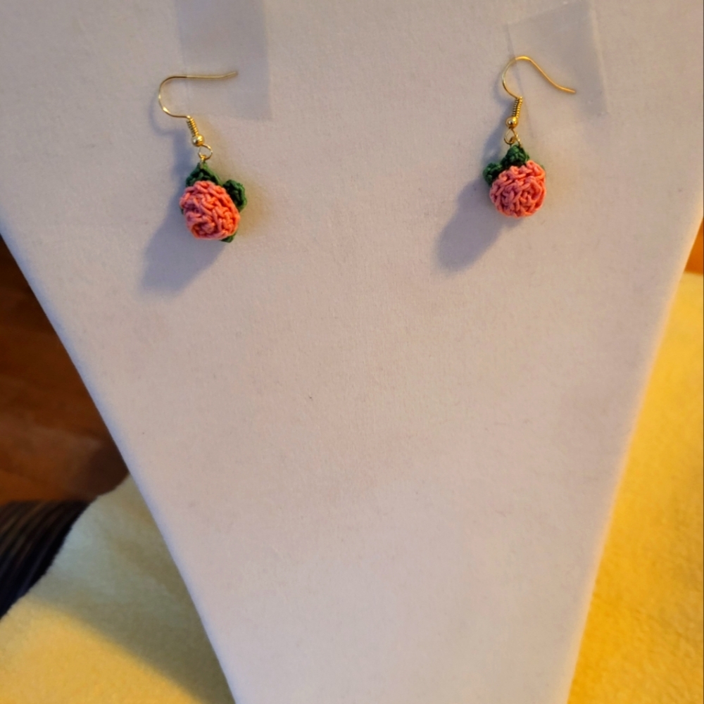 Handmade Crocheted Pink Rose Earrings